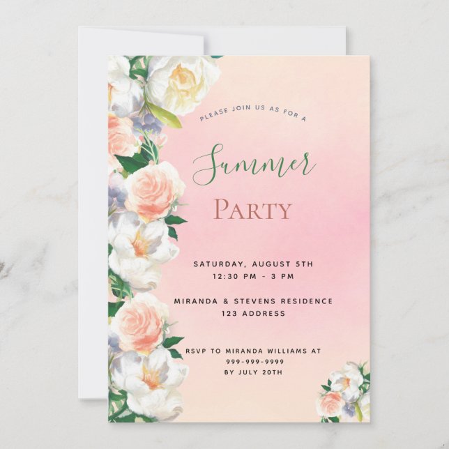 Invitación Fiesta de verano flores melocotón rosa blanco (Anverso)
