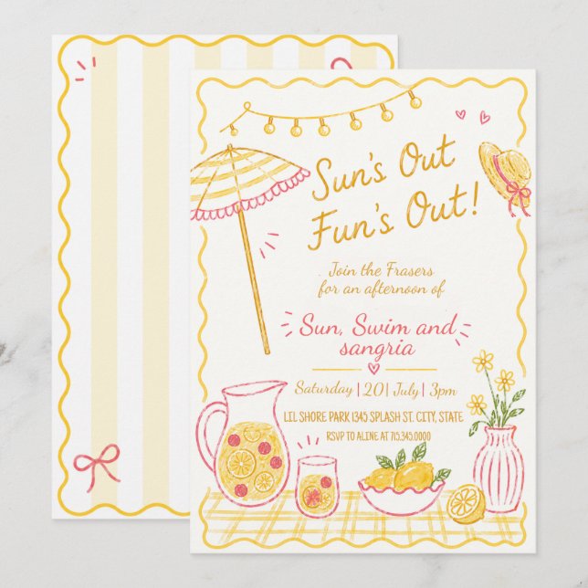 Invitación Fiesta de Verano Hand Drawn Sun's Out Fun's Out (Anverso / Reverso)