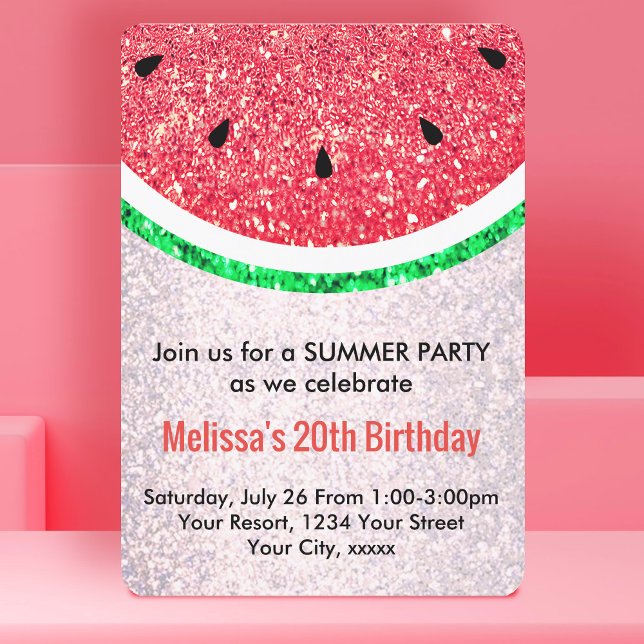 Invitación fiesta de verano imitación purpurina sandía (Subido por el creador)