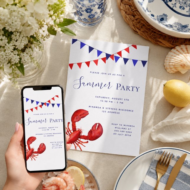 Invitación Fiesta de verano langosta roja playa al aire libre (Subido por el creador)