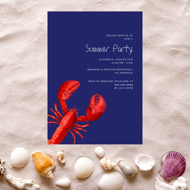 Invitación Fiesta de verano langosta rojo azul marino (Subido por el creador)