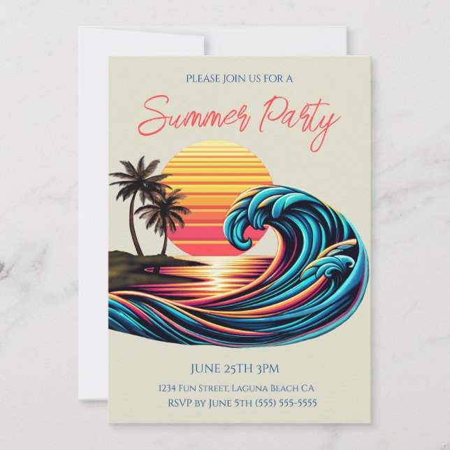 Invitación Fiesta de verano - Ola de surf retro al atardecer (Anverso)
