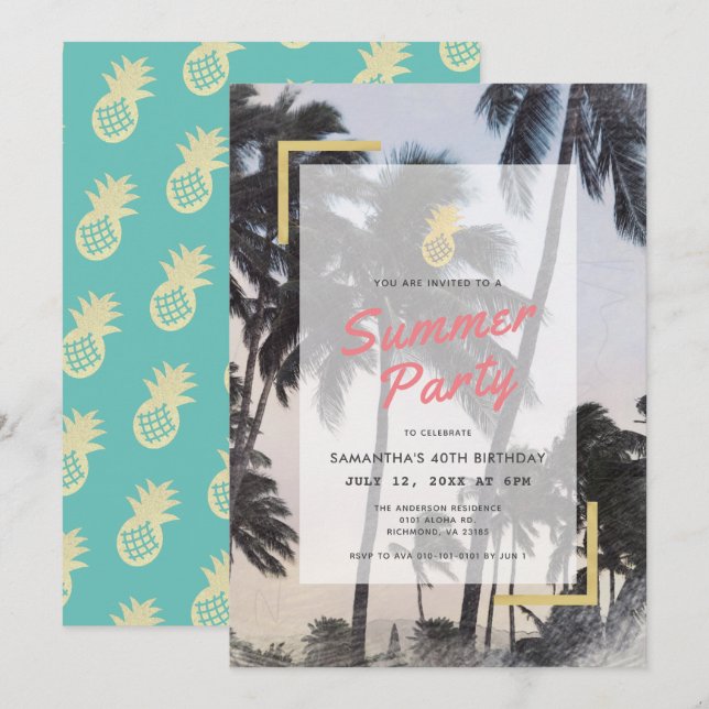 Invitación Fiesta de verano Palm Tree & Pineapple Adultos Cum (Anverso / Reverso)