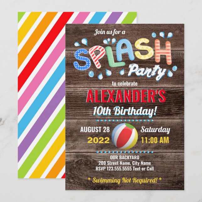Invitación Fiesta de verano para niños con salpicaduras de ag (Anverso / Reverso)