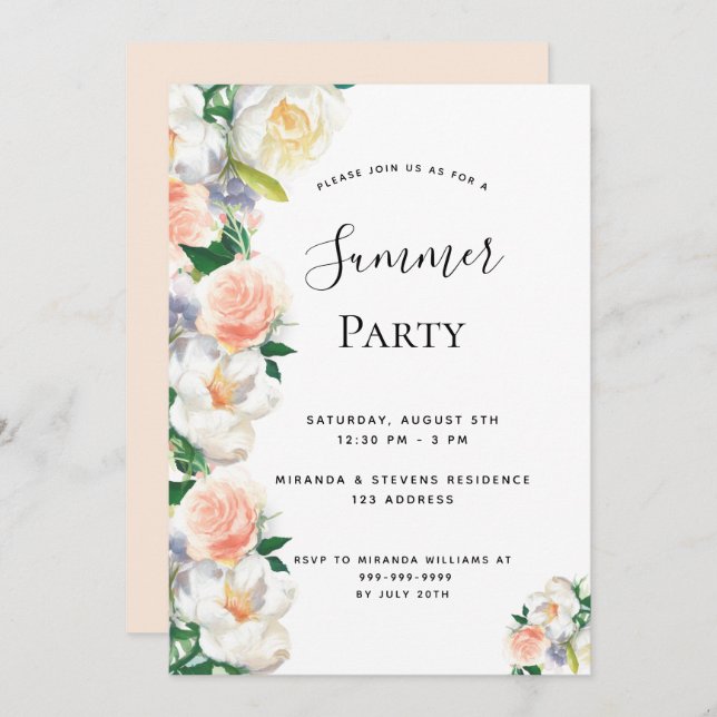 Invitación Fiesta de verano rubor de flores blanco (Anverso / Reverso)