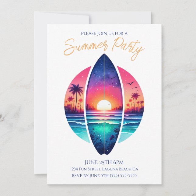 Invitación Fiesta de verano - Surfboard en el atardecer (Anverso)