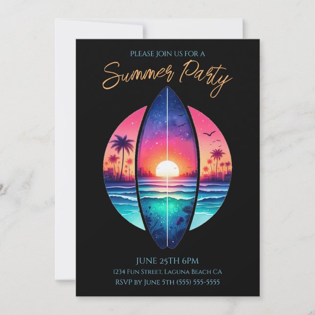 Invitación Fiesta de verano - Surfboard en el atardecer (Anverso)