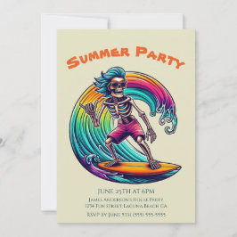 Invitación Fiesta De Verano - Surfista De Esqueleto En Ola -