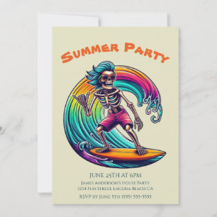 Invitación Fiesta De Verano - Surfista De Esqueleto En Ola -
