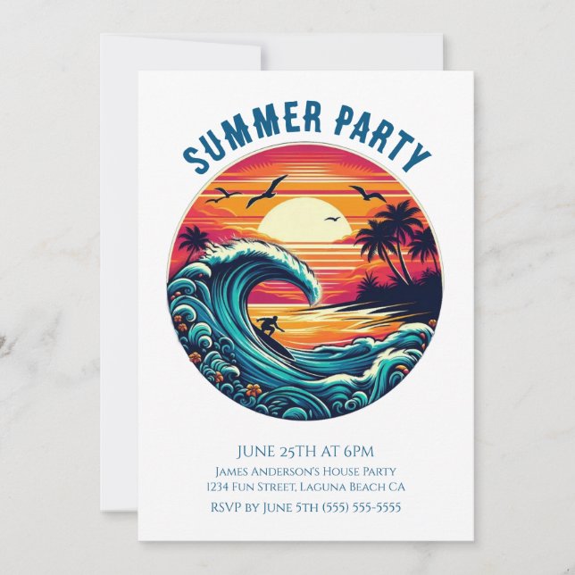 Invitación Fiesta de verano - Surfista retro (Anverso)