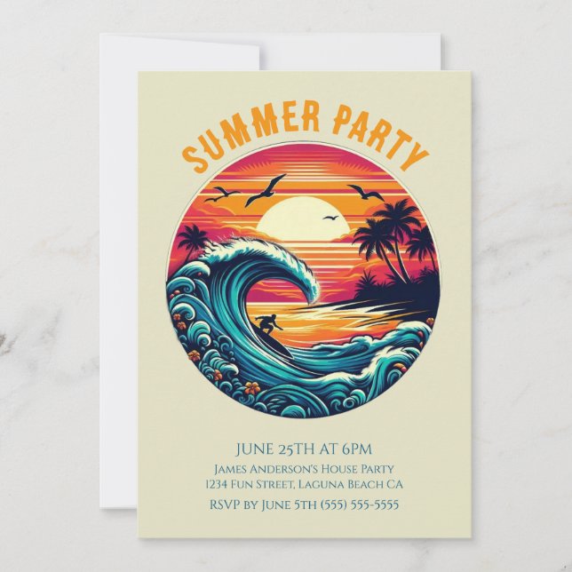 Invitación Fiesta de verano - Surfista retro al atardecer (Anverso)