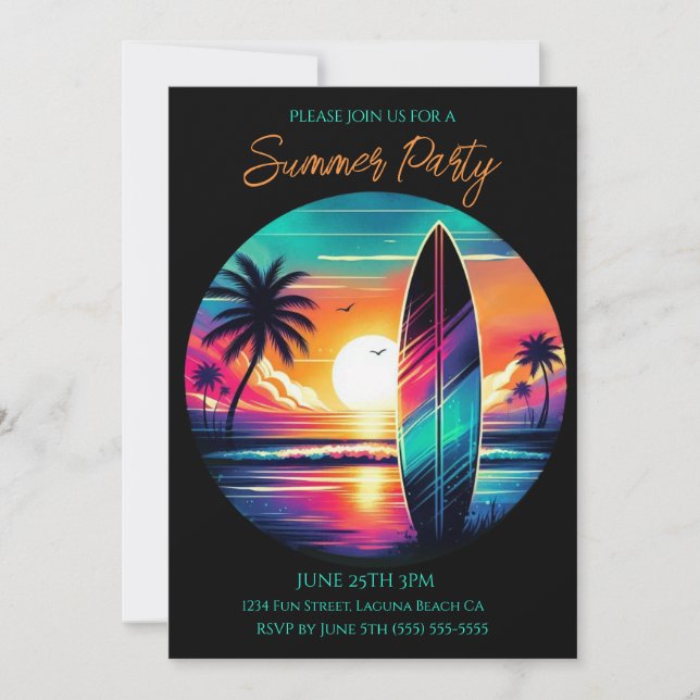 Invitación Fiesta de verano - Vibes de Surfboard de atardecer (Anverso)