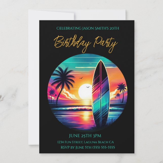 Invitación Fiesta de verano - Vibes de Surfboard Sunset - (Anverso)