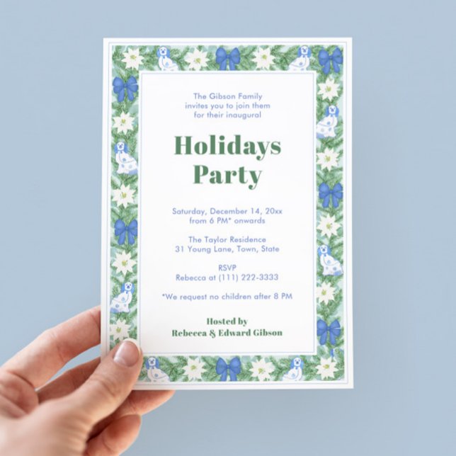 Invitación Fiesta De Verdor Borde Azul Y Blanco Vacaciones (Chinoiserie Chic Chintz Holiday Party Invite With Watercolor Border Featuring Pottery Dogs, greenery)