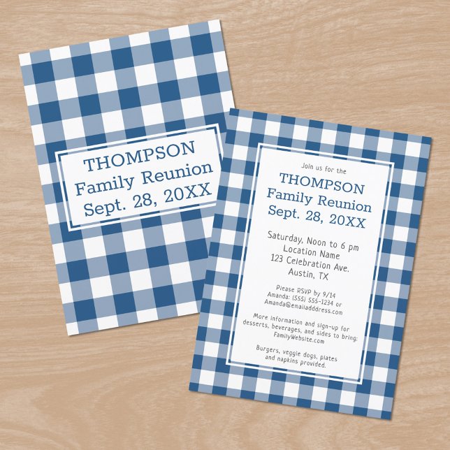 Invitación Fiesta de verificación de búfalo blanco azul de Re (Family Reunion Blue White Buffalo Check Party Invitation, front/back)