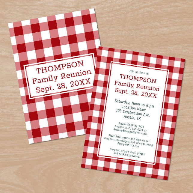 Invitación Fiesta de verificación de búfalo rojo de Reunión f (Family Reunion Red White Buffalo Check Party Invitation, front/back)
