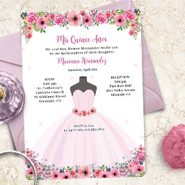 Invitación Fiesta De Vestido Quinceanera Floral Rosa