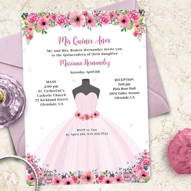 Invitación Fiesta De Vestido Quinceanera Floral Rosa (Subido por el creador)