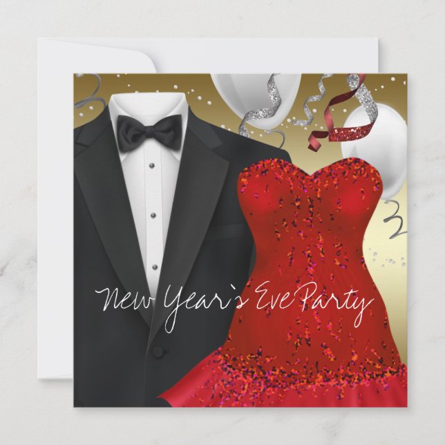 Invitación Fiesta de Vestido Rojo de Tuxedo Negro (Anverso)
