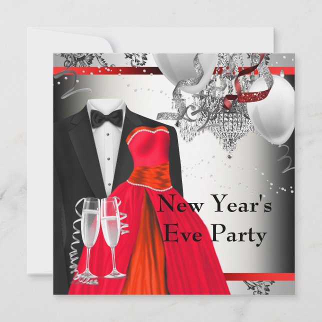 Invitación Fiesta de vestido rojo y esmoquin negro (Anverso)