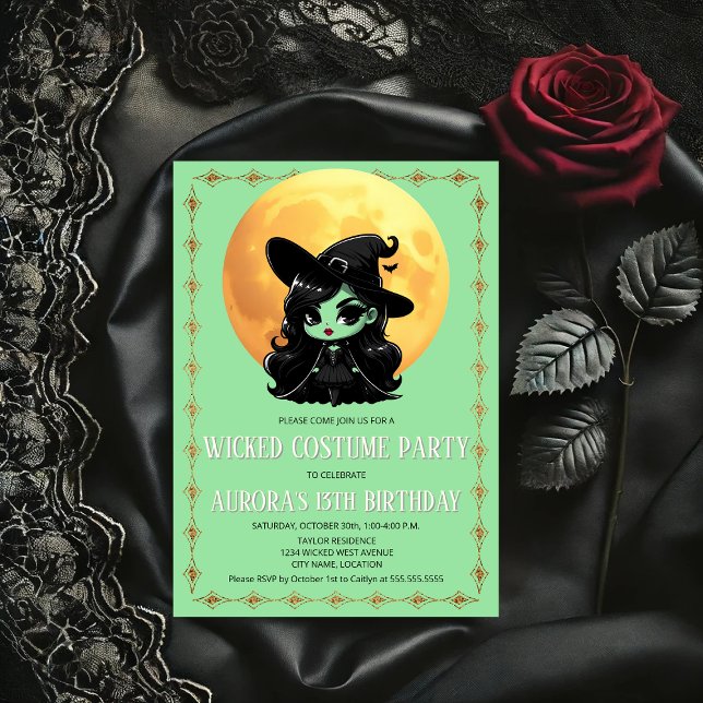 Invitación Fiesta de vestuario malvado (Cute wicked little green witch and moon party invitation front view.)