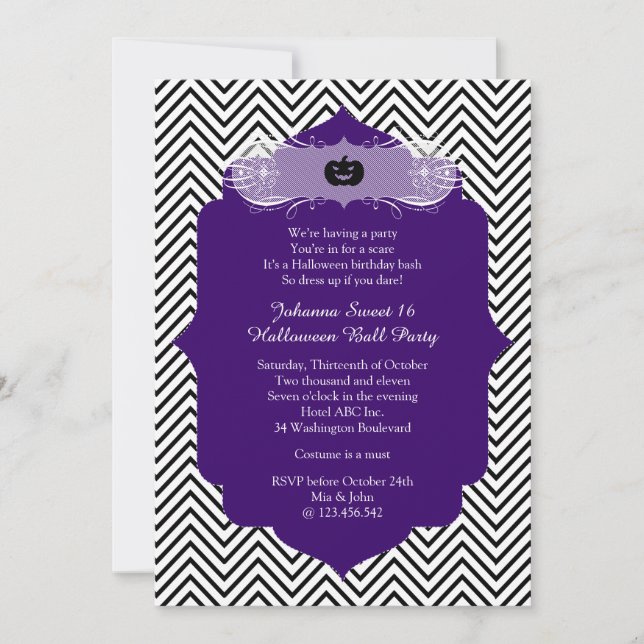 Invitación Fiesta de vestuario morado de Halloween dulce de 1 (Anverso)