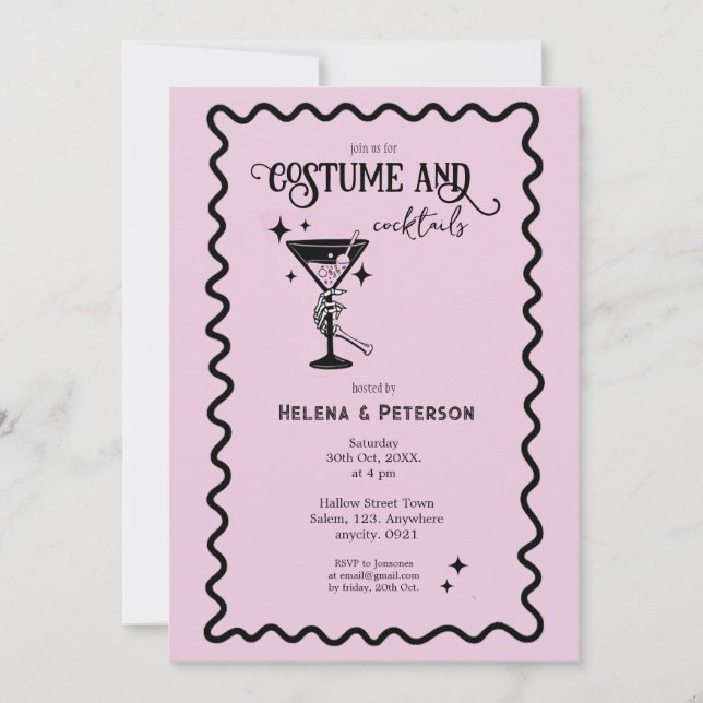 Invitación Fiesta de vestuarios y cócteles rosa y negro retro (Anverso)