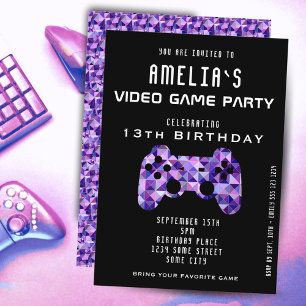 Invitación Fiesta de videojuegos cumpleaños controlador morad