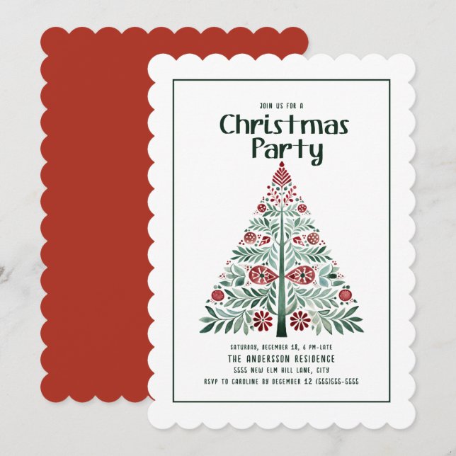 Invitación Fiesta de Vieira del Árbol Verde Rojo de Navidad (Anverso / Reverso)