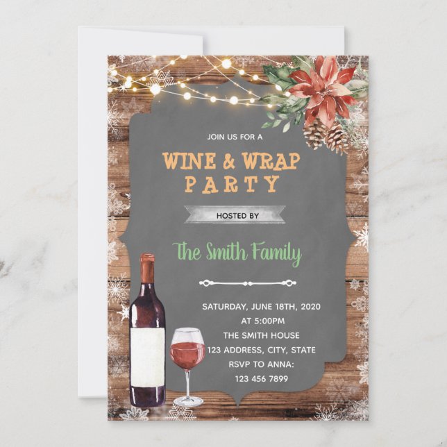 Invitación fiesta de vino de Navidad y tema de envolver (Anverso)