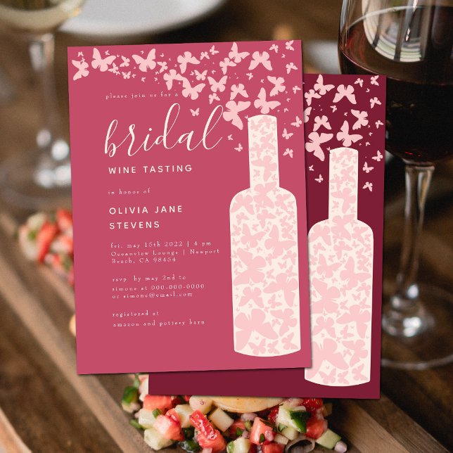 Invitación Fiesta de vino de novias Burdeos Mariposas rosas B (Subido por el creador)