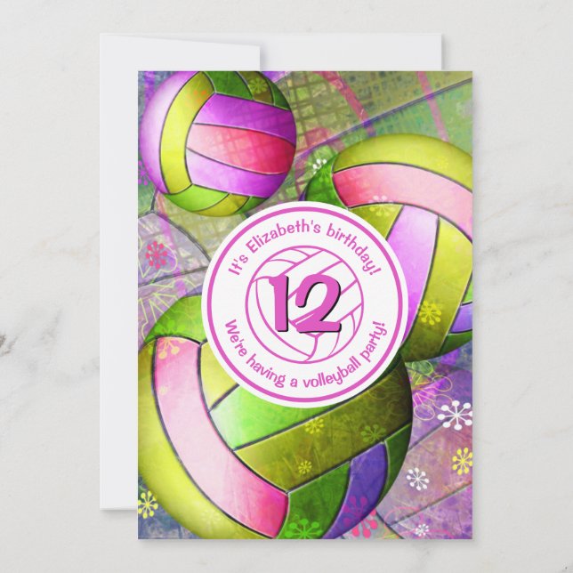 Invitación fiesta de voleibol de chicas de cal rosa caliente (Reverso)