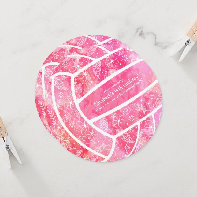 Invitación Fiesta de voleibol rosa con flores de Doodle (Anverso/Reverso In Situ)