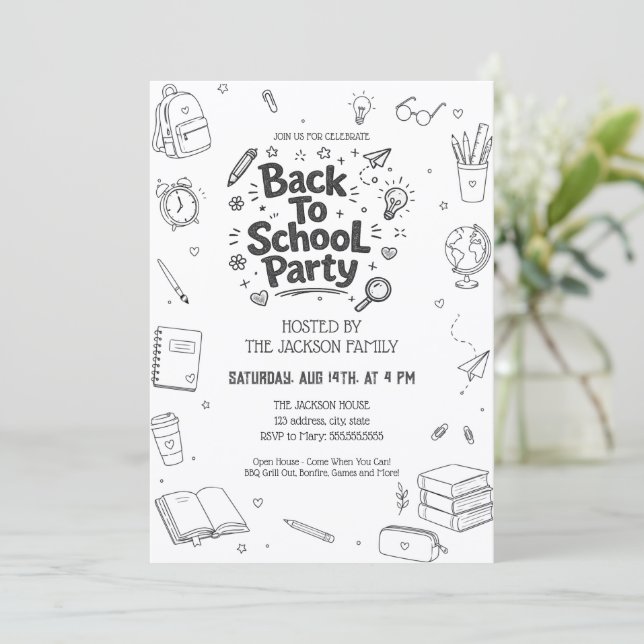 Invitación Fiesta de Vuelta al Cole Doodle (Anverso de pie)
