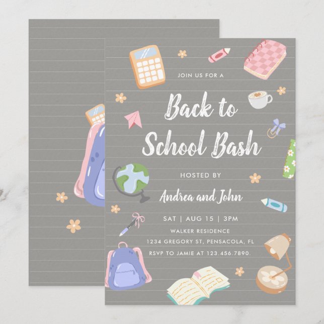 Invitación Fiesta de vuelta al cole pastel divertida (Anverso / Reverso)