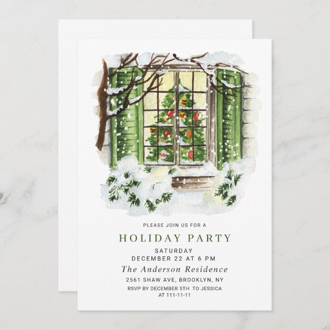 Invitación Fiesta de Watercolor Country Holiday House Navidad (Anverso / Reverso)
