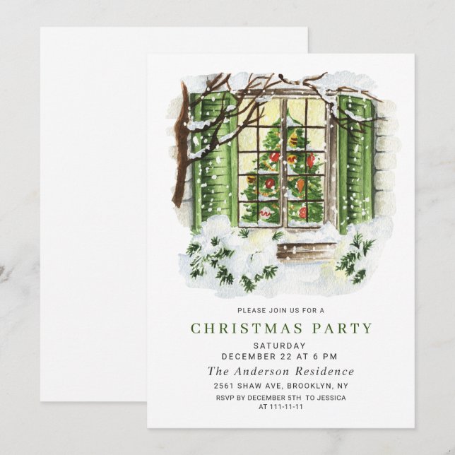 Invitación Fiesta de Watercolor Country Holiday House Navidad (Anverso / Reverso)
