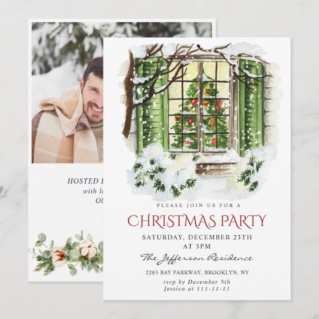Invitación Fiesta de Watercolor Country Holiday House Navidad (Anverso / Reverso)