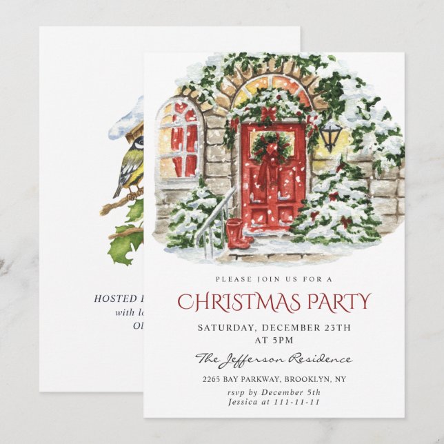 Invitación Fiesta de Watercolor Country Holiday House Navidad (Anverso / Reverso)