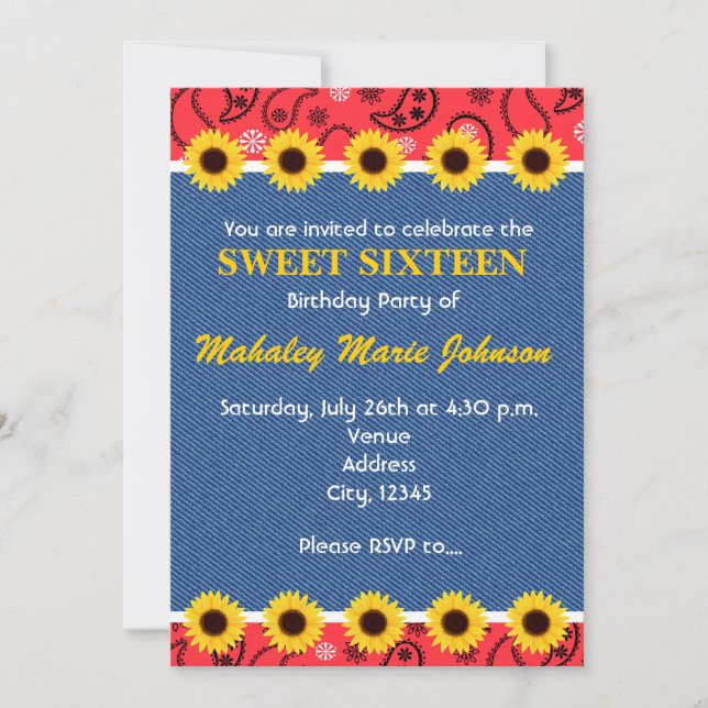 Invitación Fiesta de Western Country Sunflowers Denim Bandana (Anverso)
