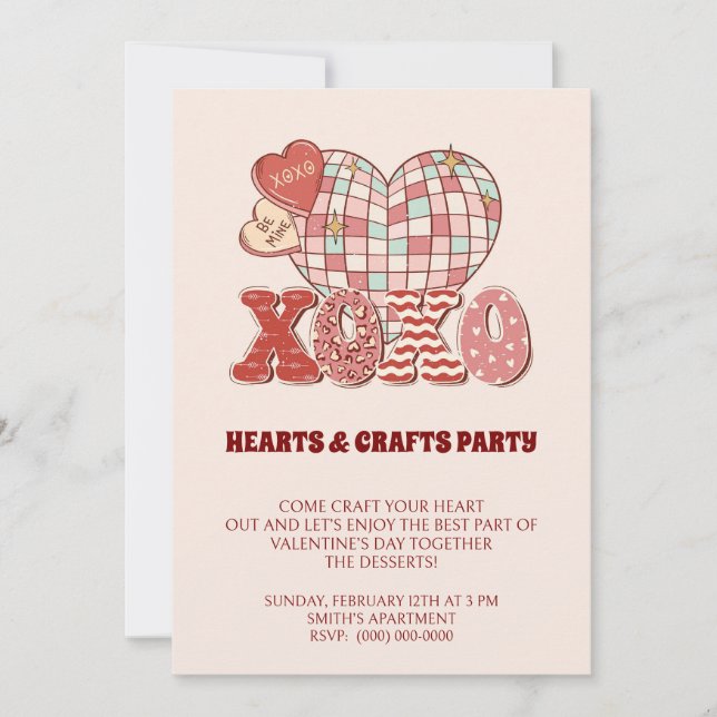 Invitación fiesta de xoxo Corazones y artesanías (Anverso)