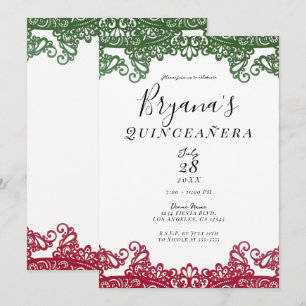 Invitación Fiesta de XV Años Elegante con Encaje Verde y Rojo