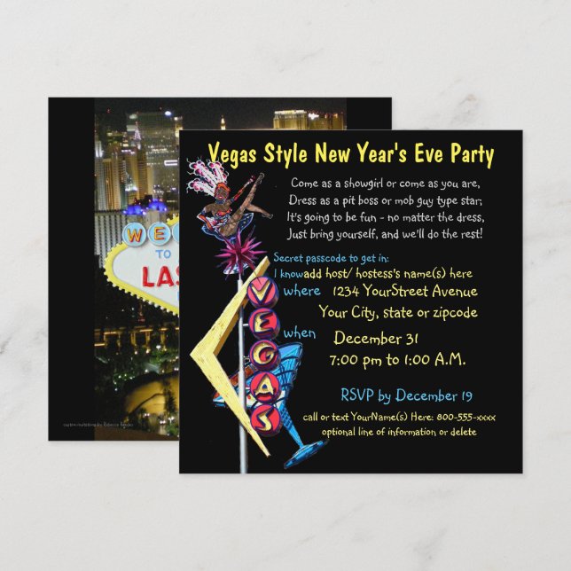Invitación Fiesta de Year'sEve del estilo de Las Vegas nuevo (Anverso / Reverso)