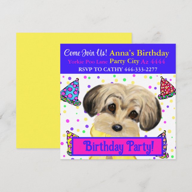 Invitación Fiesta de Yorkie Poo  (Anverso / Reverso)