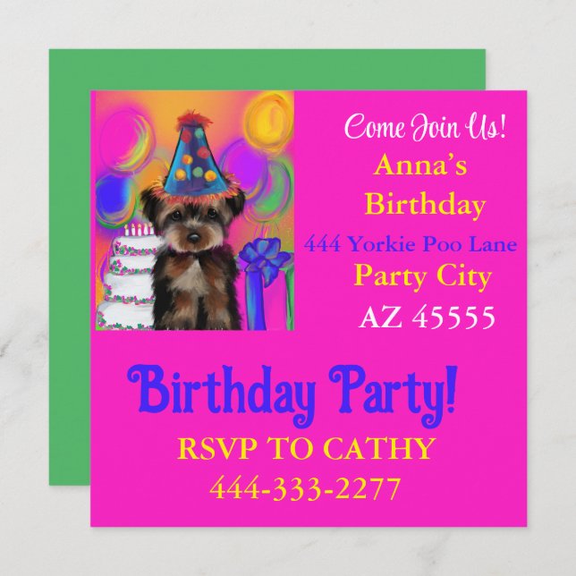 Invitación Fiesta de Yorkie Poo  (Anverso / Reverso)
