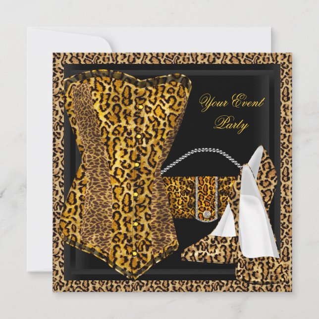Invitación Fiesta de zapatos de tacón de oro negro de leopard (Anverso)