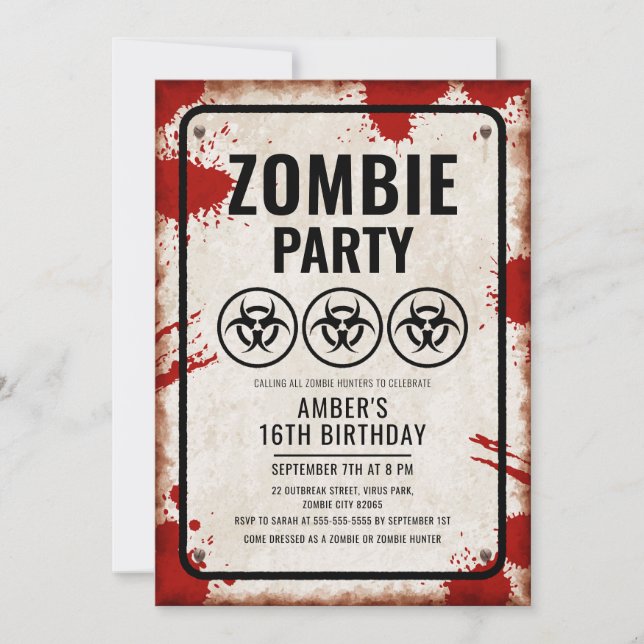 Invitación Fiesta de zombis con iconos de riesgo biológico y  (Anverso)