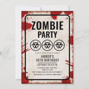 Invitación Fiesta de zombis con iconos de riesgo biológico y 