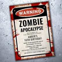 Fiesta de zombis con letrero de ADVERTENCIA y manc