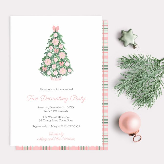 Invitación Fiesta decorativo de árbol de navidad de acuarela  (Maximalist pink and white decorated holidays tree. All watercolor elements hand painted by me)